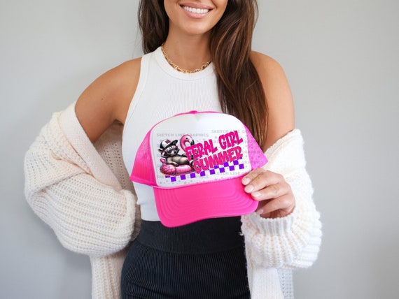 Feral Girl Summer Faux Patch Png Design, Checkered Trucker Hat Patch Png Sublimation Download, Lightning Bolt Png, Trendy Trucker Hat Png