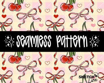 Plaid Pink Cherry Bows Seamless, Checkered Fabric File Digital Download, Background Sublimation, Girly Fabric Pattern