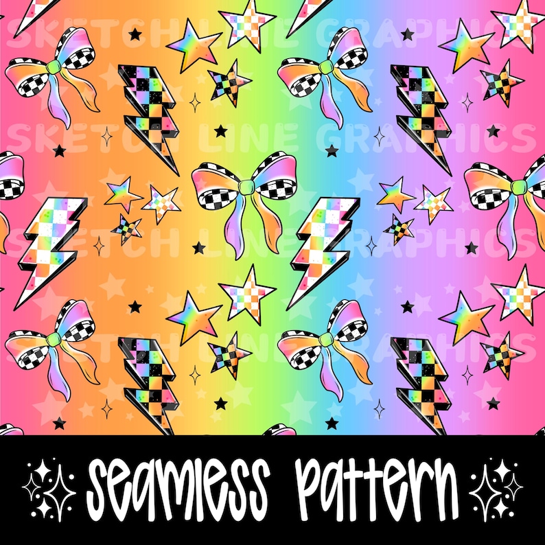 Neon Checkered Seamless Pattern, Retro Lightning Bolt Neon Pattern Png ...