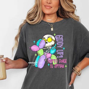 Giddy Up There&#39;s Chaos To Spread Png Design, Trending Shirt Design Png, Funny Western Digital Download, Neon Western Png, Funny Balloon Dog