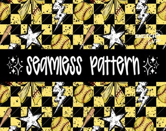 Diseño de tela a cuadros con estampado de softbol, sin costuras, archivo de diseño de tela a cuadros, patrón de moda