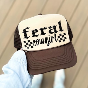 Feral Cowgirl Patch Png Design, Checkered Trucker Hat Patch Png Sublimation Download, Western Trucker Hat Png, Trendy Trucker Hat Png, Feral