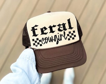 Feral Cowgirl Patch Png Design, Checkered Trucker Hat Patch Png Sublimation Download, Western Trucker Hat Png, Trendy Trucker Hat Png, Feral