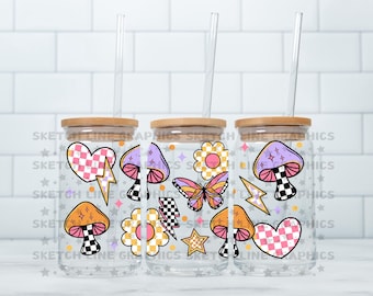 Retro Vibes 16 Unzen Glasdose Png, kariertes Design Wrap, Pilze und Schmetterlinge Png, Glasdosen, Libbey Glasdosen, trendige Png