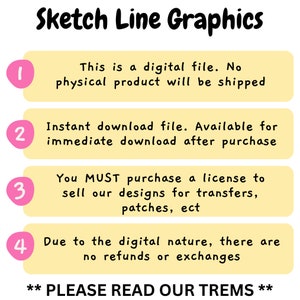 Puede incluir: Gr&aacute;fico con el texto "Sketch Line Graphics" en una fuente caprichosa. La imagen contiene puntos numerados con texto sobre archivos digitales, descargas instant&aacute;neas, licencias y sin reembolsos.