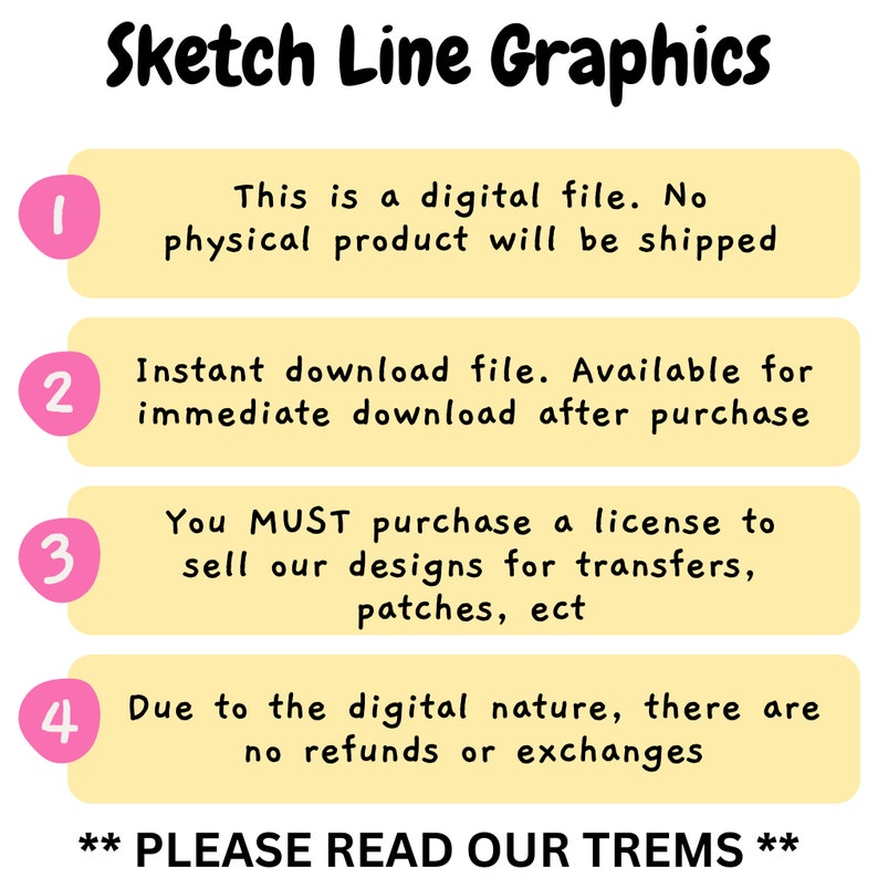 Puede incluir: Gr&aacute;fico con el texto "Sketch Line Graphics" en una fuente caprichosa. La imagen contiene puntos numerados con texto sobre archivos digitales, descargas instant&aacute;neas, licencias y sin reembolsos.