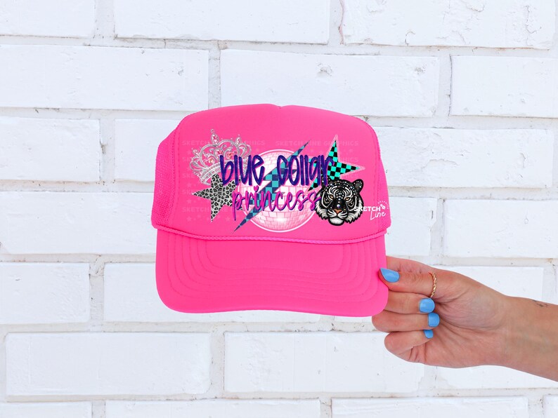 May include: Pink trucker hat with a blue, purple, and white graphic that says "Blue Collar Princess" with a cheetah print star, a checkered pattern, and a tiger face.
