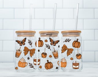 Herbst Kürbisse und Bögen 16 Unzen Glasdosen Wrap, niedlichen Herbst Glasdosen Cup Wrap, Herbst karierte Bögen Kürbisse und Schmetterlinge Cup Design