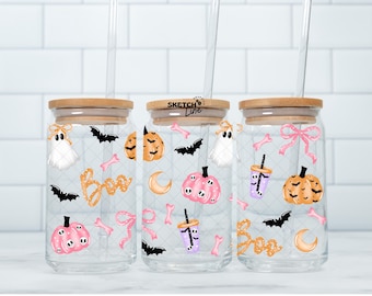 Boo Halloween 16oz Glass Can Wrap Png, Cute Girly Ghost Design Wrap, Glass Can Wrap, Spooky Coquette Bows Iced Coffee Cup Png Digital Design