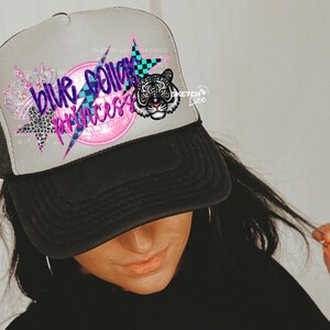 blue collar princess trucker hat patch. trending trucker hat patch for women. faux glitter patch