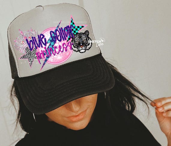 Blue Collar Princess Trucker Hat Patch Png Design, Checkered Trucker Hat Patch Png Download, Blue Collar Png, Trendy Trucker Hat Png