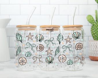 Glitter Seashells 16oz Glass Can Wrap Png, Cute Girly Summer Design Wrap, Glass Can Wrap, Cute Libbey Glass Can Wrap, Trending Can Wrap