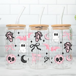 Pink Halloween Can Wrap Png, 16oz Glass Can Wrap, Cute Ghosts, Coffins, Coquette Bows And Pink Bats Digital Download Wrap, Preppy Halloween