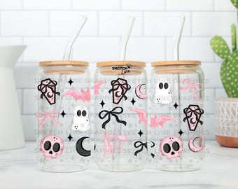 Pink Halloween Can Wrap Png, 16oz Glass Can Wrap, Cute Ghosts, Coffins, Coquette Bows And Pink Bats Digital Download Wrap, Preppy Halloween
