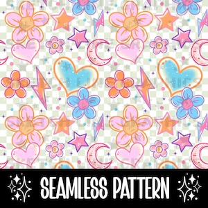 Retro Floral Checkered Seamless Pattern, Retro Seamless File, Floral Pattern Seamless Design, Lightning Bolt Checkered Seamless Pattern File