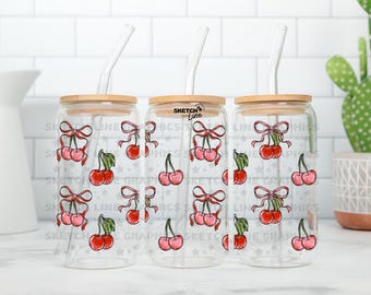 チェリーとリボンのガラス缶ラップPNG、コケットアイスコーヒーデザイン（デジタルダウンロード）