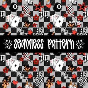 May include: Seamless pattern design featuring playing cards, stars, dice, lightning bolts, and red flowers on a checkered background. The text "seamless pattern" is displayed in a bold, stylized font across the center.