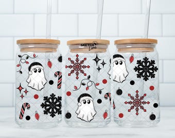Creepmas Glass Can Wrap 16oz, kerstspoken en sneeuwvlokken PNG, Spooky Cute Holiday Iced Coffee Cup Wrap, zuurstokken digitale download