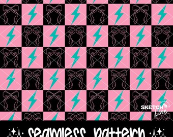 Bolts And Bows Checkered Seamless Pattern, Retro Lightning Bolt Pattern Png, Coquette Bows Fabric Pattern Design, Digital Paper Download Png