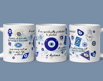 Evil Eye Affirmation Mug - Spiritual Protection & Positive Energy Ceramic Coffee Cup - Inspirational Quote Mug - Mindfulness Gift