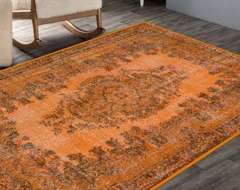 Authentischer türkischer Orientteppich in leuchtendem Orange, luxuriöser orangefarbener Orientteppich – traditionelles Design, perfekt für jeden Raum