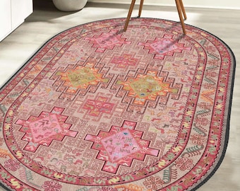 Türkischer ovaler Teppich, ideal für Flure oder Küchen, umweltfreundlicher handgefertigter türkischer Teppich in warmem Rosa, wetterbeständiges Material, ovaler Teppich