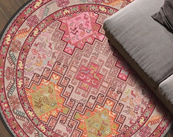 Perfect for Unique Interior, Intricate Motifs Oriental Pink Round Rug, Turkish Round Rug, Ideal for Livingroom, Traditional Circular Rug