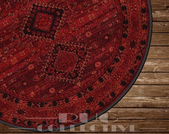 Turkish Red Kilim Rug - Round Ethnic Oriental Carpet, Traditional Anatolian Floor Mat, Unique Home Decor, Artisan Carpet, Bohemian Floor Rug