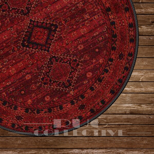 Turkish Red Kilim Rug - Round Ethnic Oriental Carpet, Traditional Anatolian Floor Mat, Unique Home Decor, Artisan Carpet, Bohemian Floor Rug