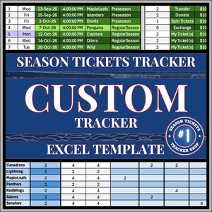 以下が含まれることがあります： 青い背景に「SEASON TICKETS TRACKER」「CUSTOM TRACKER」「EXCEL TEMPLATE」という白い文字が書かれたシーズンチケットトラッカーのExcelテンプレート。日付、チーム、チケット管理オプションが記載されたスケジュール表が含まれています。