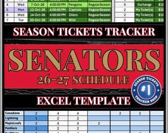 May include: A digital spreadsheet template titled SEASON TICKETS TRACKER SENATORS 26-27 SCHEDULE EXCEL TEMPLATE. The layout includes a green and white table listing hockey game dates, opponents, and status, alongside a blue circular logo.