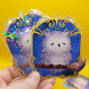 Sticker sorcière hibou - Sticker sorcière en vinyle imperméable mignon hibou étoilé sur un manche à balai - WhollyWild