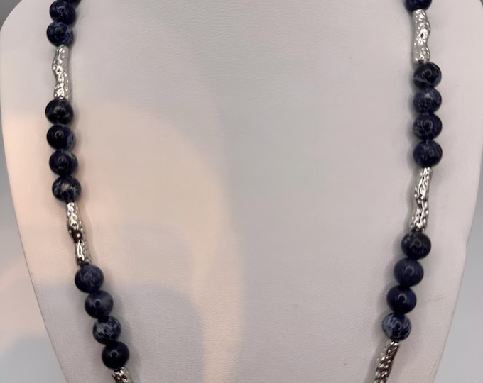 Midnight Waves Beaded Necklace – Lapis Blue Magnesite & Silver Accents