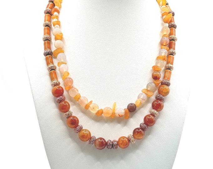 Agate yellow round and orange  quartzite  necklace, bracelet and earrings matching set