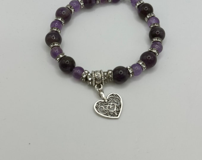Amethyst Beads Strechy Bracelet with a Silver Heart Charm