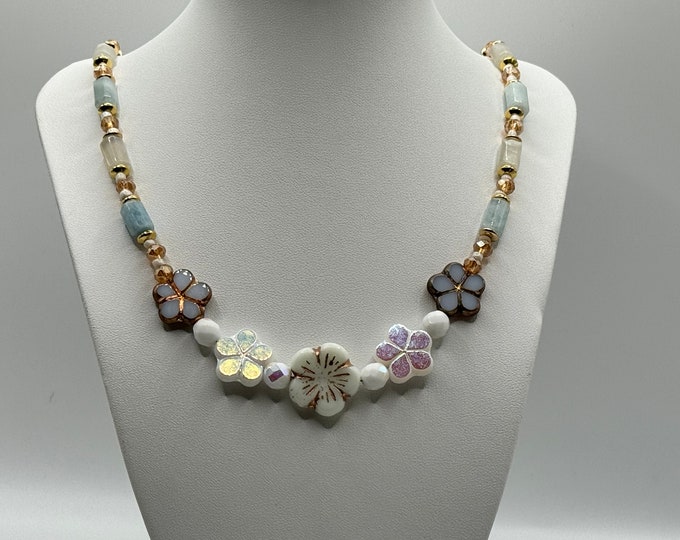 Aquamarine ,Moonstone and Floral Ceramic Beads Necklace