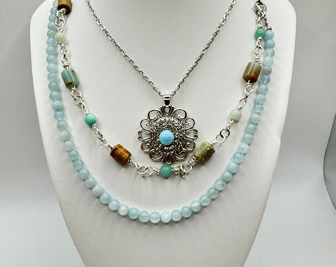 Natural Jasper and Aquamarine Multi-strand Necklace