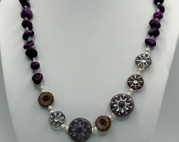 Royal Lavender Bloom  Necklace with Czech Glass and Dyed Quartz Chips