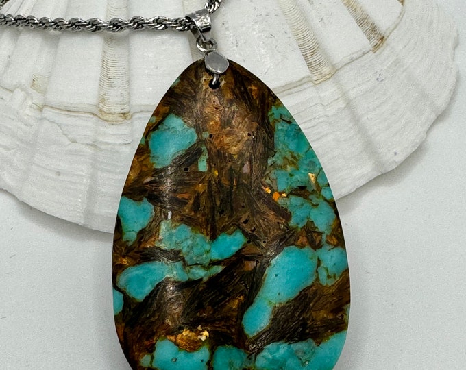 Assembled Natural Bronzite and  Synthetic Turquoise Teardrop Pendant Necklace Silver Color