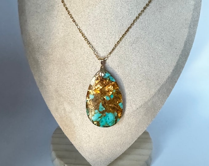 Assembled Natural Bronzite and  Synthetic Turquoise Teardrop Pendant Necklace Gold Color