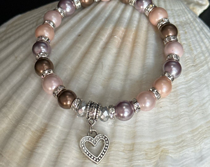 Shell Pearls  Grade A Strechy Bracelet with heart silver charm