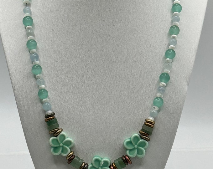 Aqua Floral necklace with aquamarine and cat’s eyes beads, optional matching bracelet