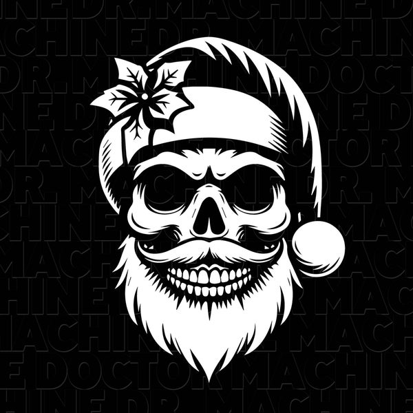 Santa Skull SVG file. Smiling Santa Skull with Beard & Mustache. WHITE on BLACK, Simple, Scalable Vector Art with Transparent background.