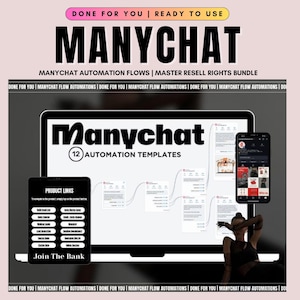 May include: A laptop computer screen displaying a flowchart with the text "Manychat 12 Automation Templates". The laptop is on a pink background with the text "DONE FOR YOU | READY TO USE MANYCHAT MANYCHAT AUTOMATION FLOWS | MASTER RESELL RIGHTS BUNDLE DONE FOR YOU | MANYCHAT FLOW AUTOMATIONS | DONE FOR YOU | MANYCHAT FLOW AUTOMATIONS | DONE FOR YOU | MANYCHAT FLOW AUTOMATIONS | DO" at the top.