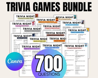 May include: A collection of trivia games labelled "TRIVIA GAMES BUNDLE" with "700 QUESTIONS". The trivia nights cover topics like movies, sports, and holidays. The image also includes the text "Instant Download | Resell Rights | Rebrand | Keep 100% Profits".