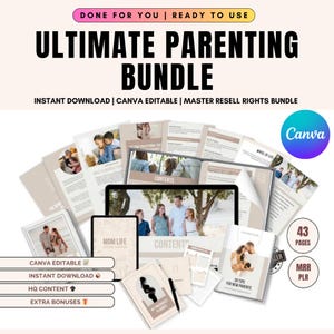 Puede incluir: Un paquete de productos digitales para padres, con un diseño editable en Canva que incluye 43 páginas de contenido. El paquete incluye un diario "Mom Life", una guía "50 consejos para nuevos padres" y otros recursos. El texto "Ultimate Parenting Bundle" se muestra en letras grandes y negritas en la parte superior de la imagen.