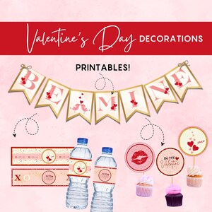Valentine&#39;s Day Printable Decor Bundle: Banner, Toppers, Labels (PDF)