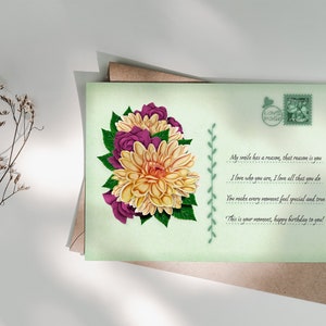 Cartão de aniversário com ilustração floral e presente de poema curto