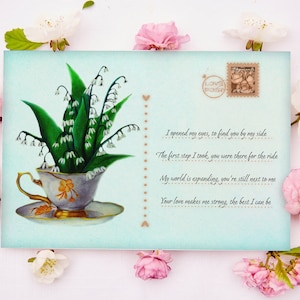 Tarjeta de regalo para el día de la madre con poema corto, lirio de los valles e ilustración de una taza de té