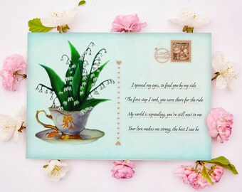 Mother's Day Gift Card with Short Poem, Lily-of-the-valley & Teacup Illustration